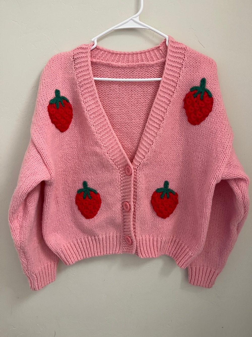 Pink Strawberry Appliqué Granny Knit Cardigan